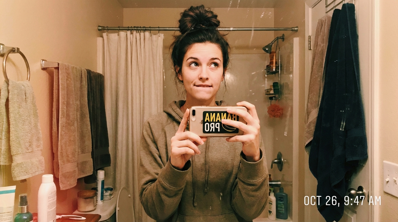 Nano banana pro casual mirror selfie in a bathroom smartphone